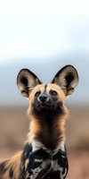 Close-up portrait of an African wild dog with distinctive large ears and mottled coat pattern against blurred natural background, showing alert facial expression.