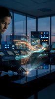Professional businessman analyzing holographic data visualization and financial charts in modern office at night for business intelligence and analytics.