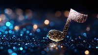 Glittering golden musical note on dark background with blue bokeh lights creates magical atmosphere for music and entertainment concepts.