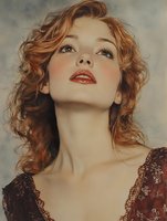 Young woman with flowing auburn curls gazing upward, wearing burgundy lace dress against textured background. Dramatic lighting highlights red lips and luminous skin.