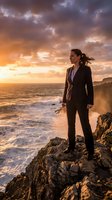 Professional businesswoman standing on rocky coastline during golden hour sunset with dramatic sky and ocean waves for leadership and success concepts.