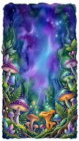Enchanted forest floor with vibrant mushrooms and magical galaxy sky, isolated on white background for design projects and creative compositions.