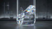 Iridescent liquid glass shape inside a transparent cylinder, holographic rainbow reflections, futuristic lab background, abstract fluid art concept.