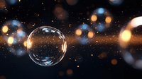Transparent soap bubble floating in dark space with magical bokeh lights and glowing particles creating dreamy atmospheric background for creative design projects.