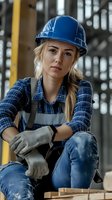 Young female construction worker in blue hard hat and plaid shirt taking break at construction site, wearing protective gear and work gloves with confident expression.