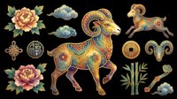 Decorative camel with ornate patterns isolated on transparent background, ready for t-shirt design, clipart, stickers, sublimation, and print-on-demand projects. Includes coordinating floral and Asian design elements.