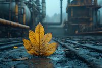 Yellow autumn maple leaf on wet ground against industrial factory background with pipes and metal structures in moody blue tones, seasonal nature meets urban landscape.
