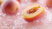 Fresh ripe peach half with water drops and splash on pink background, juicy fruit close-up with soft focus effect for healthy food concept.
