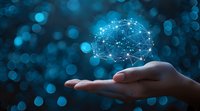 Digital brain hologram floating over female hand against blue bokeh background, representing artificial intelligence and future technology in healthcare and education.