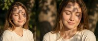 Young woman with brown hair wearing casual beige t-shirt, smiling with eyes closed in natural outdoor sunlight, expressing joy and contentment.