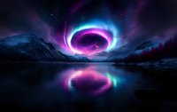Mystical aurora borealis portal over tranquil mountain lake at night, vibrant purple and blue lights reflecting in still water, cosmic phenomenon in starry sky.
