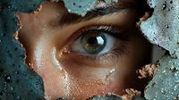 Close-up view through torn paper revealing intense blue eye with long eyelashes and smooth skin texture, artistic portrait composition in turquoise and peach tones.