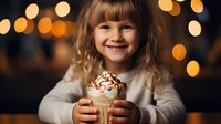 Smiling child holding hot chocolate with whipped cream and sprinkles against blurred warm bokeh lights background, cozy winter atmosphere.