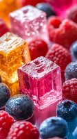 Colorful ice cubes with fresh raspberries and blueberries in macro. Frozen fruit cocktail ingredients with water drops and melting crystal clear cubes.
