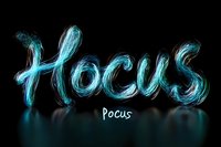 Glowing turquoise neon light text spelling Hocus with reflection on dark background, creative magical typography design for Halloween or mystical themes.