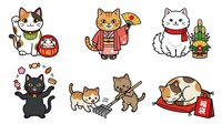 Cute cats in traditional Asian clothing and festive poses, isolated on white background. Cartoon style characters perfect for greeting cards, stickers, t-shirt designs, and holiday decorations.