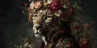 Majestic leopard portrait adorned with vintage roses and flowers creating an elegant wild cat fantasy art composition for luxury decor and design projects.