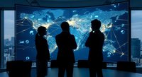 Three business professionals silhouettes analyzing global network connections on large curved display screen in modern office environment.