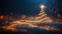Magical glowing Christmas tree silhouette formed by golden sparkles and light particles against dark background with bokeh lights and festive atmosphere.
