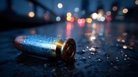 Spent bullet casing lies on wet asphalt with bokeh city lights creating dramatic urban crime scene atmosphere for forensic investigation concepts.