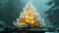 Glowing bioluminescent marine organism in triangular formation against dark underwater background, illuminating deep sea environment with golden light.