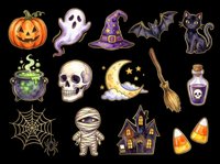 Halloween clipart set with pumpkin, ghost, skull, witch hat, black cat, bat, mummy, haunted house, and more. Isolated on transparent background, ready for stickers, T-shirts, and print on demand.