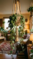 Macrame plant hanger with trailing green houseplant in cozy bohemian living room interior with warm natural lighting and vintage furniture decor.