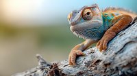 Close up portrait of chameleon with bright blue and orange colors resting on tree branch against blurred natural background, showing detailed scales and expressive eye.