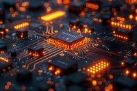 Glowing microchip on circuit board with orange LED lights illuminating electronic pathways in dark technological environment.