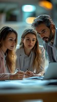 Diverse business team analyzing data on laptop in modern office. Young women and mature male colleague collaborate on project in evening lighting.