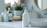 White minimalist bathroom accessories with pump bottle on counter against blurred background, creating serene spa-like atmosphere for wellness and self-care routines.