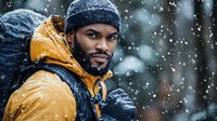 Young African American man in yellow winter jacket and knit beanie looking confidently at camera while snowflakes fall around him during outdoor winter adventure.