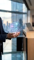 Businessman holding holographic database with security shield icon in modern office environment for data protection and cybersecurity concepts.