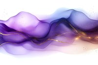 Flowing purple and gold abstract waves create ethereal movement with translucent watercolor effects and shimmering metallic accents on white background.