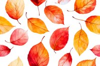 Watercolor autumn leaves in red, orange and yellow scattered on white background, seamless pattern for seasonal designs and fall decorations.