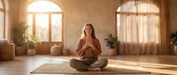 Young Caucasian woman practicing meditation in lotus position on yoga mat in sunlit room with arched windows and natural decor for wellness lifestyle.