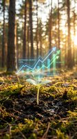 Green seedling with holographic growth chart in forest showing sustainable investment and eco-friendly business development with rising financial arrows.