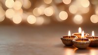 Traditional oil lamps burning with warm flames against soft bokeh lights background creating peaceful ambiance for meditation and spiritual practices.