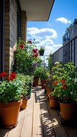 Sunny balcony garden with red geraniums and colorful flowers in terracotta pots, wooden deck flooring, metal railing, and blue summer sky with white clouds.