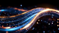 Abstract glowing waves with sparkling particles in dark blue and golden colors flowing through space creating magical light effect background.