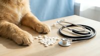 Golden retriever paws near scattered pills and stethoscope on wooden table, veterinary medicine and pet healthcare concept for clinics and animal care.