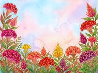 Watercolor celosia garden border with vibrant pink, red, purple and yellow blooms framing a soft pastel sky background for cards and prints.