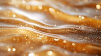 Flowing golden waves with glittering particles and bokeh effect create luxurious abstract background. Shimmering white and amber curves blend in elegant motion.