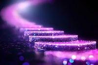 Magical glowing purple steps with sparkling particles and bokeh lights creating mystical atmosphere against dark background. Suitable for fantasy designs.