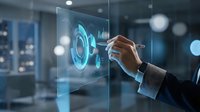 Businessman hand touching futuristic holographic interface with glowing digital elements in modern office environment for technology presentations.