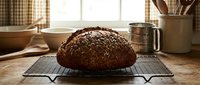 Freshly baked artisan whole grain bread loaf cooling on wire rack in rustic kitchen setting with natural sunlight streaming through windows.