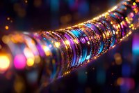 Colorful light reflections through glass create mesmerizing bokeh effect with vibrant blue, purple, and golden sparkles in diagonal composition. Macro photography.