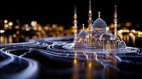 Glowing mosque silhouette with illuminated minarets and domes floating above abstract curved light trails against dark background creates magical night atmosphere.