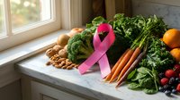 Pink ribbon with fresh organic vegetables and fruits on kitchen counter promoting healthy eating and cancer awareness lifestyle.