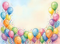 Colorful balloons with ribbons and confetti floating on soft watercolor background, isolated design element suitable for greeting cards, invitations, party decorations, and celebratory graphics.